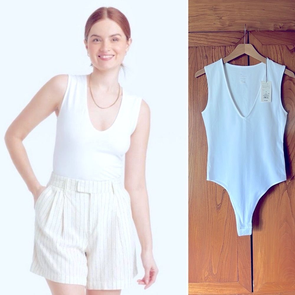 A New Day Deep V-Neck Sleeveless Bodysuit Crotch Snap - White